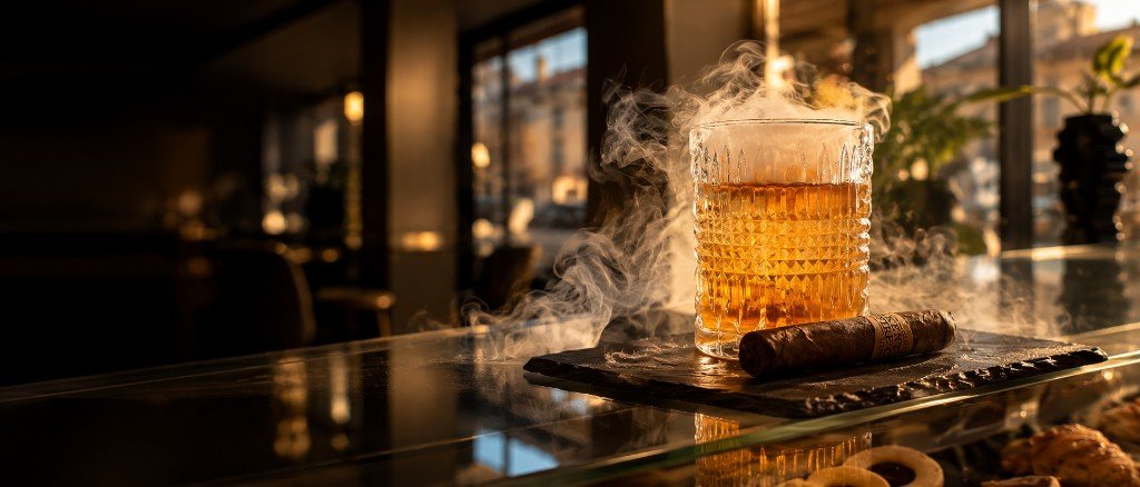 Cocktail ambrato affumicato in bicchiere di cristallo, sul bancone del Glamour Bar